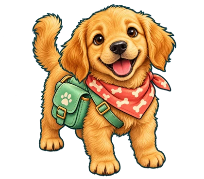 Golden Barking Puppy ready for an adventure with a coral scarf and mint satchel
